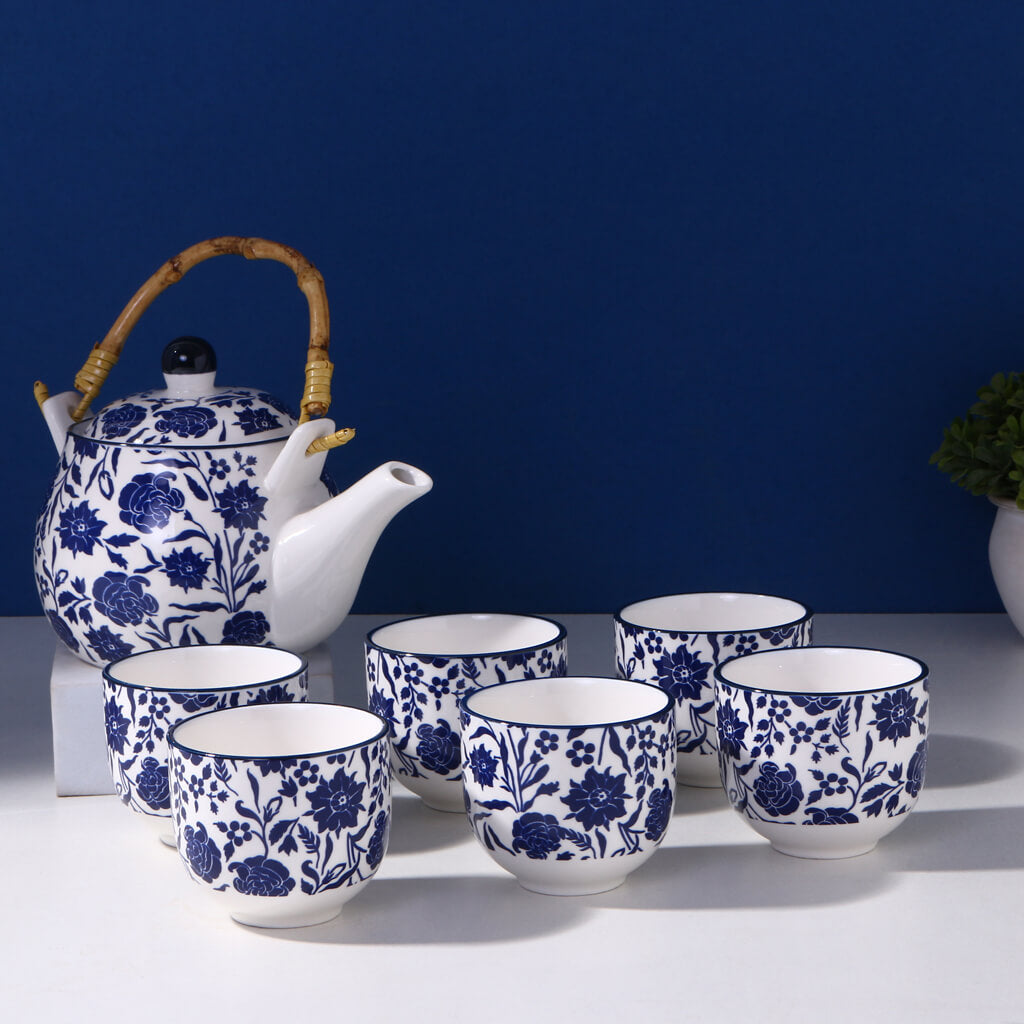 Elegant Blue Floral Ceramic Teapot Set