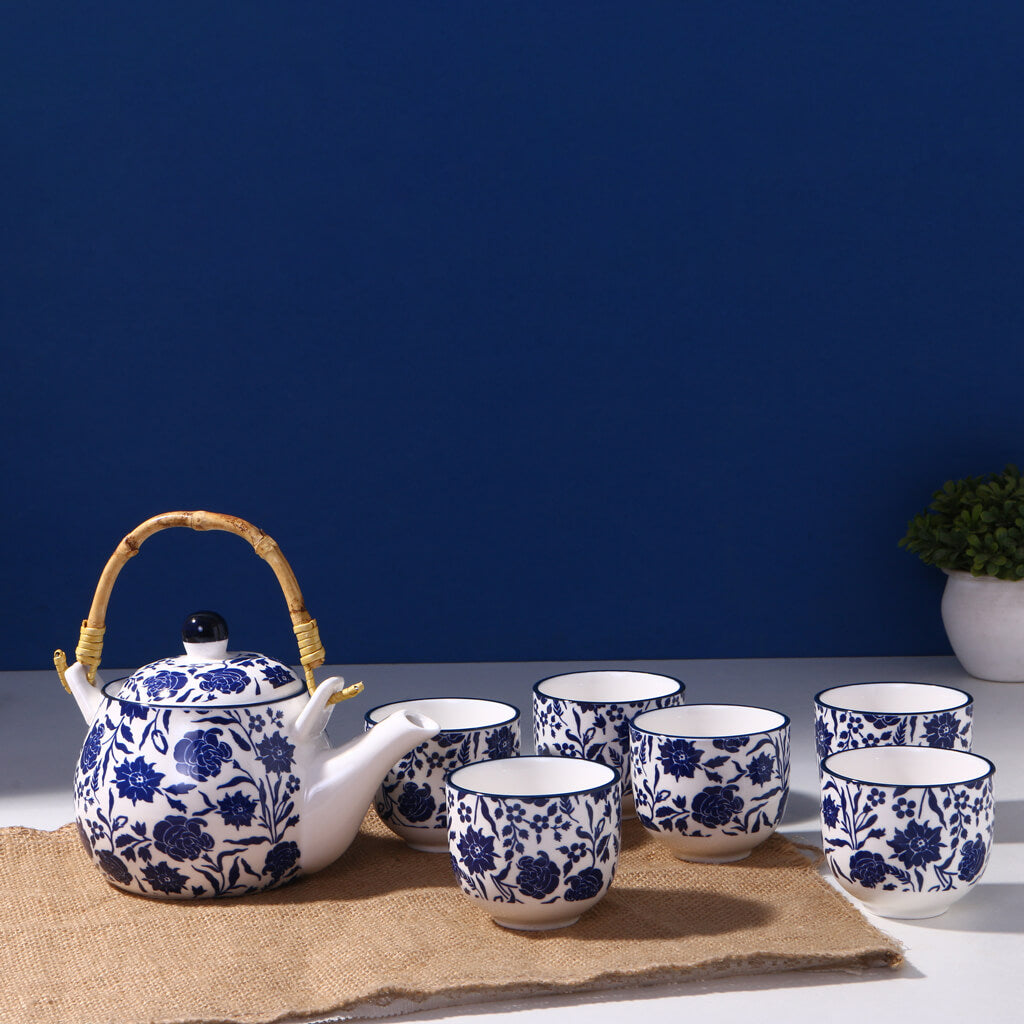 Elegant Blue Floral Ceramic Teapot Set