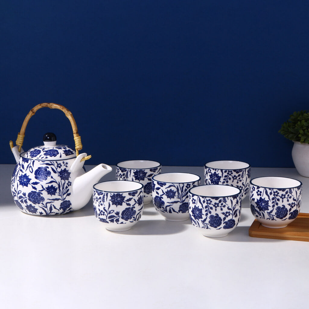 Elegant Blue Floral Ceramic Teapot Set