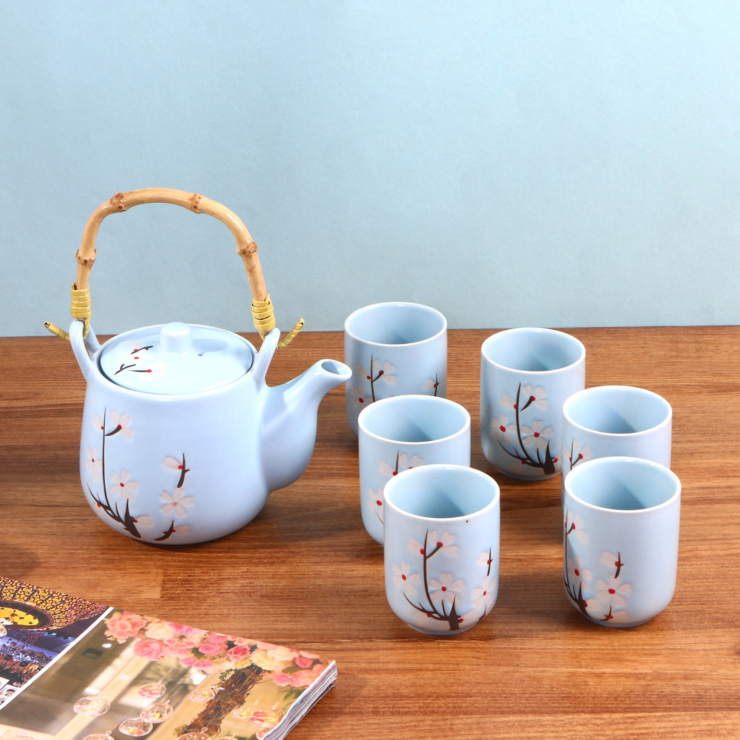 Cherry Blossom Ceramic Teapot Set with Bamboo Handle