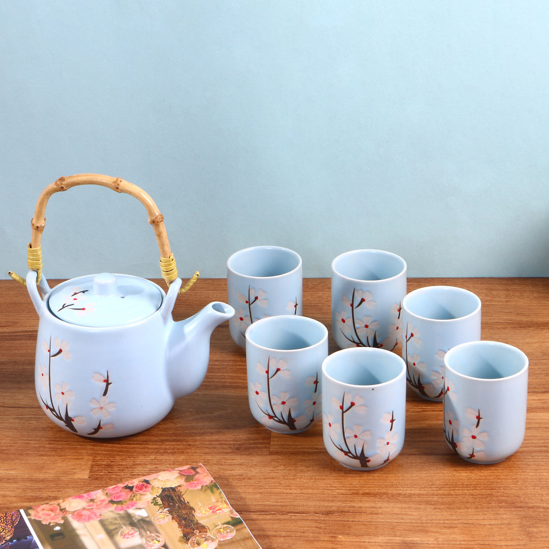 Cherry Blossom Ceramic Teapot Set with Bamboo Handle